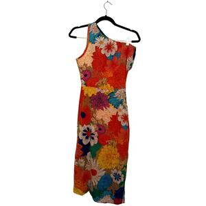 Womens Midi Dress Colorful Floral Asymmetric Shoulder Sheath Formal Party XS